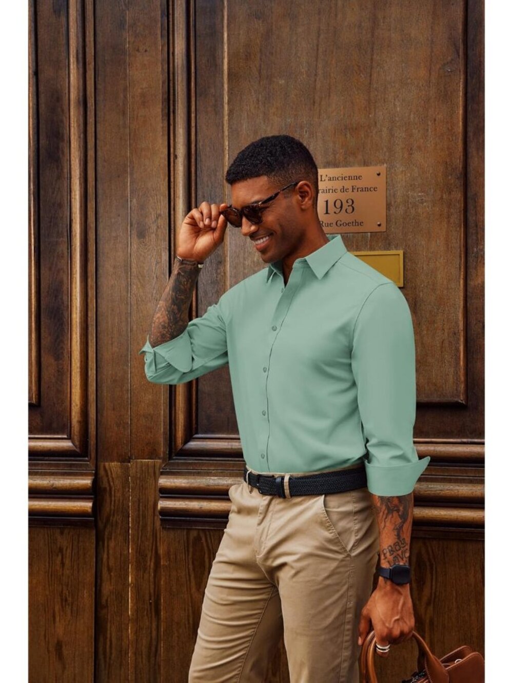 Men's Green Dress Shirt Wrinkle Free Stretch Button Down Casual Slim Fit - Picture 5 of 6